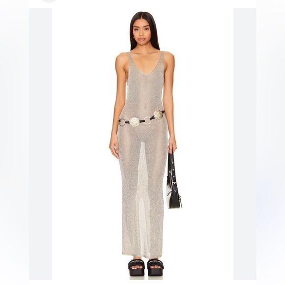 Superdown Egon Maxi dress silver knit mesh slip gown sheer Revolve L - Picture 1 of 13
